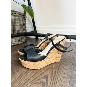 ALDO Cork and Black Leather Open-Toe Wedges, Size 10